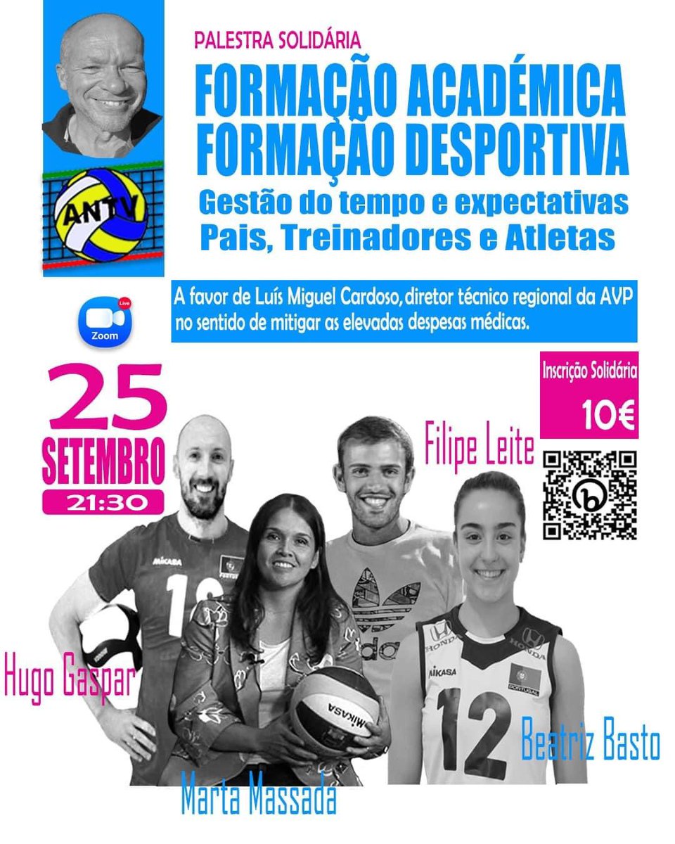 A Associação Nacional de Treinadores de Voleibol promove uma palestra online solidária para ajudar nas despesas médicas de Luís Cardoso nos USA.

Preço: 10€ (mínimo, totalmente convertido em doação para o Luís)

Link inscrição:
bit.ly/antvpalestraso…