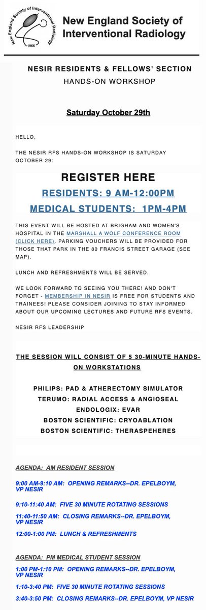 Join us for a NESIR RFS organized hands on situation session with @bostonsci @terumoisuk @endologix @Philips! Space is limited, be sure to sign up! Residents/Fellows: ow.ly/pPWi50KPM6p Med Students: nesir.org/new-events-1 October 29th @BrighamWomens