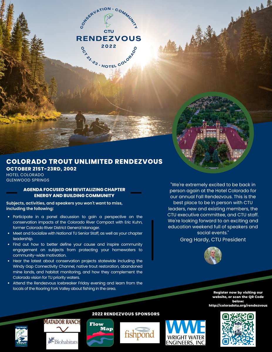 One month away from the 2022 Fall Rendezvous at the Hotel Colorado in Glenwood Springs October 21st - 23rd. Early registration ends on Sept. 30th, and you need to book your room prior to Oct. 7th to get the group rate. coloradotu.org/rendezvous #cturendezvous #ctu #flyfishing