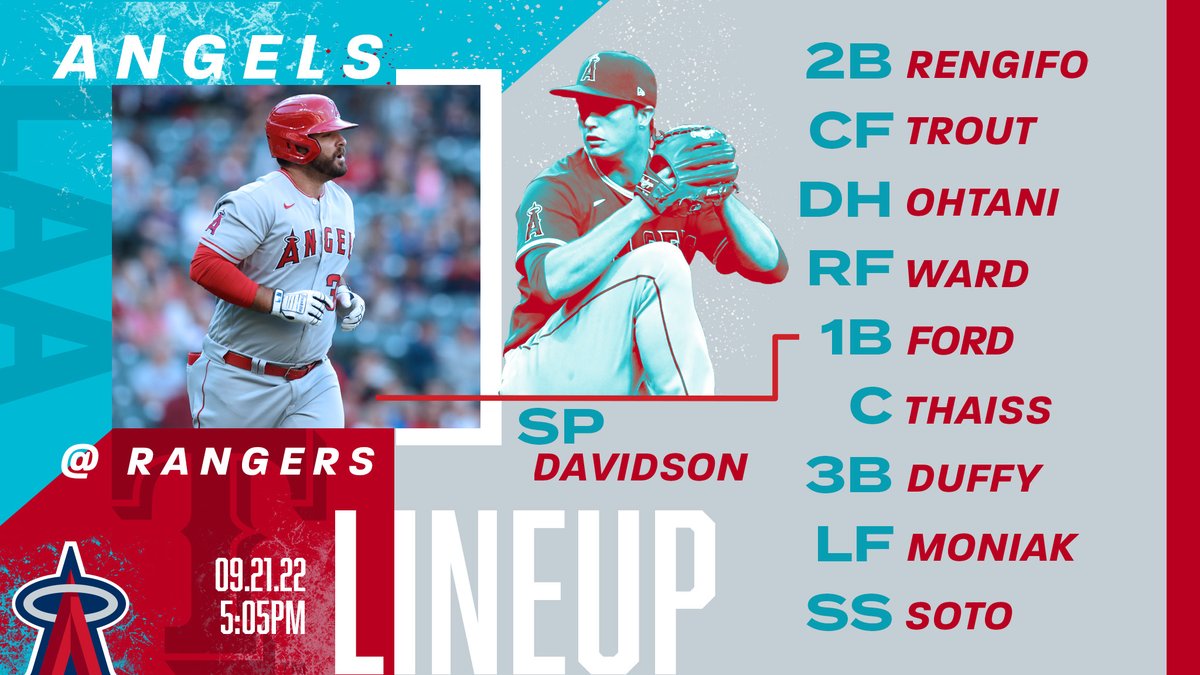 September 21 lineup: 2B Rengifo, CF Trout, DH Ohtani, RF Ward, 1B Ford, C Thaiss, 3B Duffy, LF Moniak, SS Soto, P Davidson