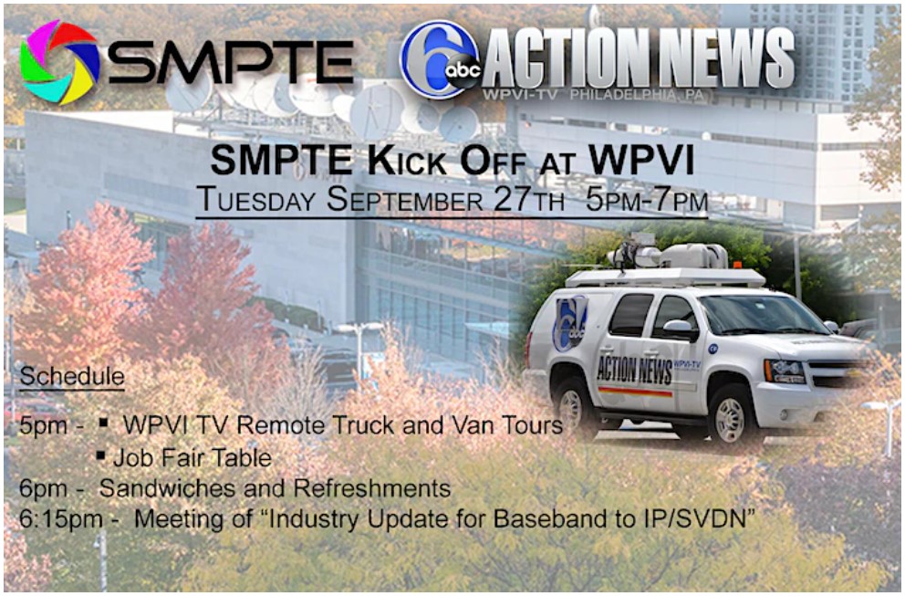 #SaveTheDate #OurFriends <a href="/philasmpte/">SMPTE Philadelphia Section</a> <a href="/smpteconnect/">SMPTE ®</a> on 9/27/2022 <a href="/5/">Reserved</a> PM ET #free #SMPTE Kick Off at #WPVI-TV's Satellite Truck Facility tour remote trucks &amp; vans, visit WPVI's #JobFair with preso by Fernando Solanes Dir of Solutions Eng @evertztv #Register bit.ly/3xFDsLu