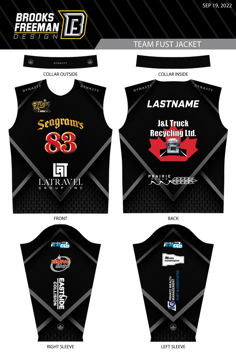 TeamFust's tweet photo. Big thanks to our sponsors #JandLTruckandRecycling, @LAtravelgroup, #BMWElectric, #EastsideCollision, #PrairiePools, #FustWealthManagement, #Seagrams83, @mistransmission, @HardlineCurling https://t.co/fIVLo5ogym