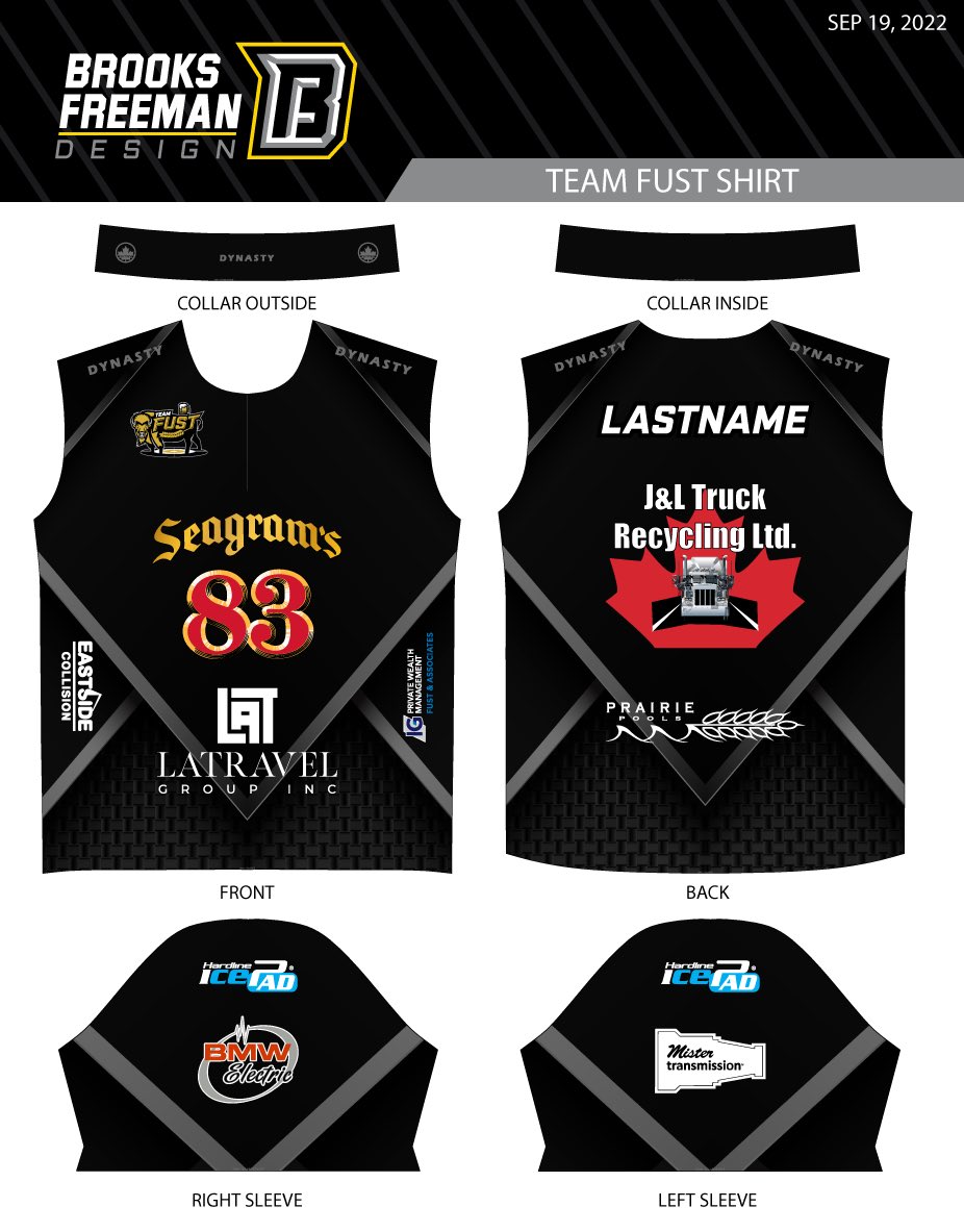 TeamFust's tweet photo. Big thanks to our sponsors #JandLTruckandRecycling, @LAtravelgroup, #BMWElectric, #EastsideCollision, #PrairiePools, #FustWealthManagement, #Seagrams83, @mistransmission, @HardlineCurling https://t.co/fIVLo5ogym