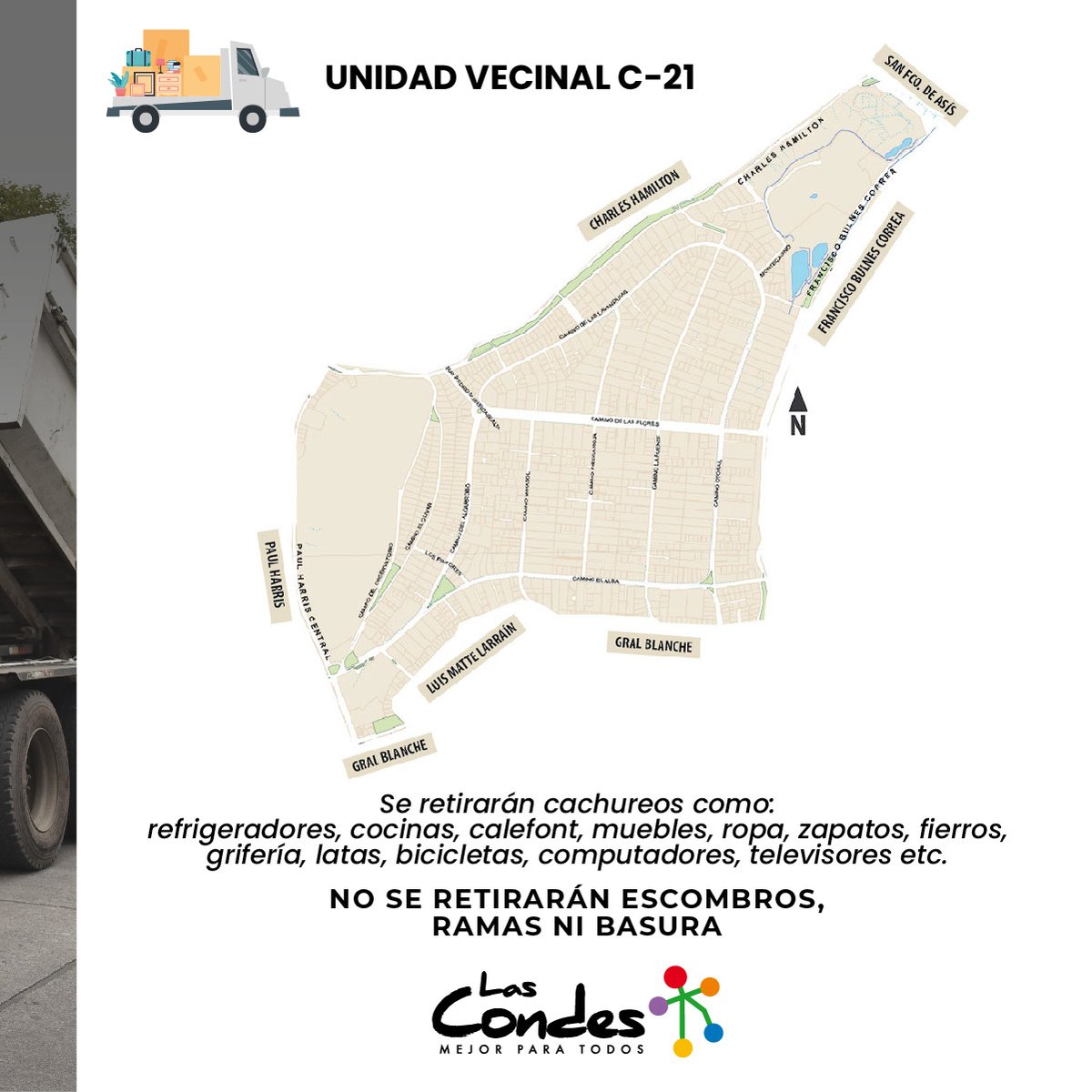 👀 ¡Atención vecinos de la UV C-21! Este sábado 24/9, entre 8 y 16 horas, recogeremos lo que ya no ocupen en su hogar. 🚛🚍 
¡RECUERDEN DEJAR LAS COSAS FUERA DEL DOMICILIO ANTES DEL MEDIODÍA! ⏰
Más info 👉 bit.ly/325Ecbw 
#LasCondesTeCuida #LasCondesVerde
<a href="/LC_aseo/">Dirección de Aseo</a>