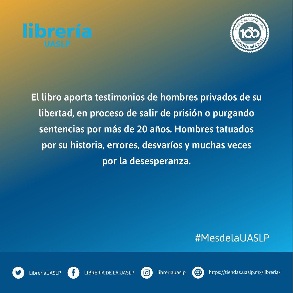 LibreriaUASLP's tweet photo. 🔵 El libro aporta testimonios de hombres privados de su libertad, en proceso de salir de prisión o purgando sentencias por más de 20 años. Hombres tatuados por su historia, errores, desvaríos y muchas veces por la desesperanza.📚

🛍🛒De venta en:@LibreriaUASLP #consellouaslp https://t.co/fjA8GDDhmg