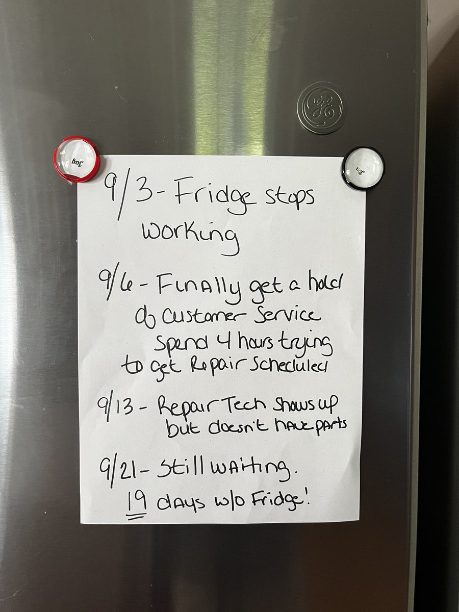 19 days without a fridge <a href="/generalelectric/">General Electric</a> &amp; <a href="/AsurionCares/">Asurion CustomerCare</a>.  Not sure why we paid for a service plan.  #scam  From now on only buying  from <a href="/BestBuy/">Best Buy</a>  #broken #fridge