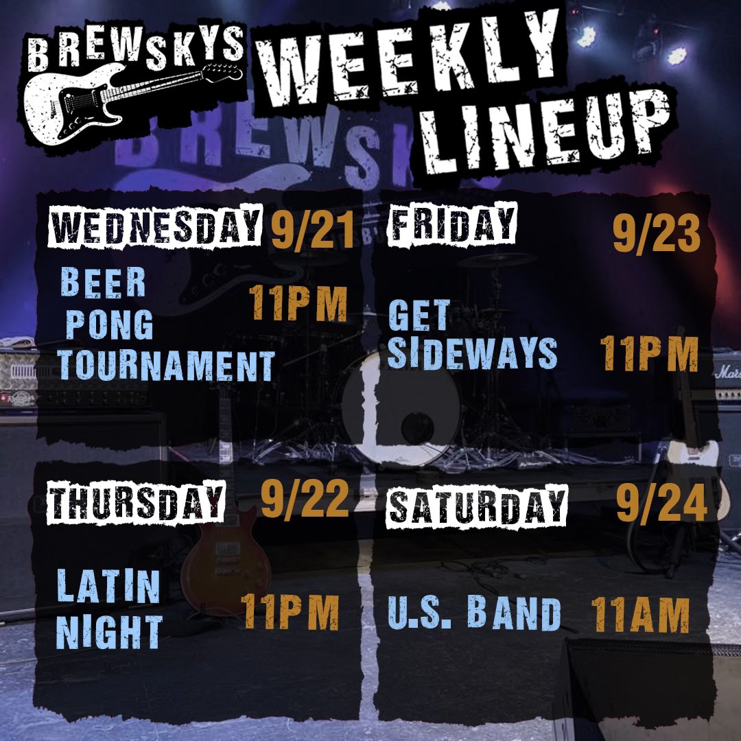 BrewskysHatti's tweet photo. —Wednesday-50 cent wings, $4 beer pitchers, $12 Well Liquor pitchers, Beer Pong Tourney @11 w/$50 bar tab &amp; Free Cover for week for winners
—Thursday @11- Latin Night w/ DJ Re-Quest, $3 Wells &amp; $3 Lemondrops. 
—Friday @11- Get Sideways 
—Saturday @11- U.S Band https://t.co/cXA0KdPfPQ