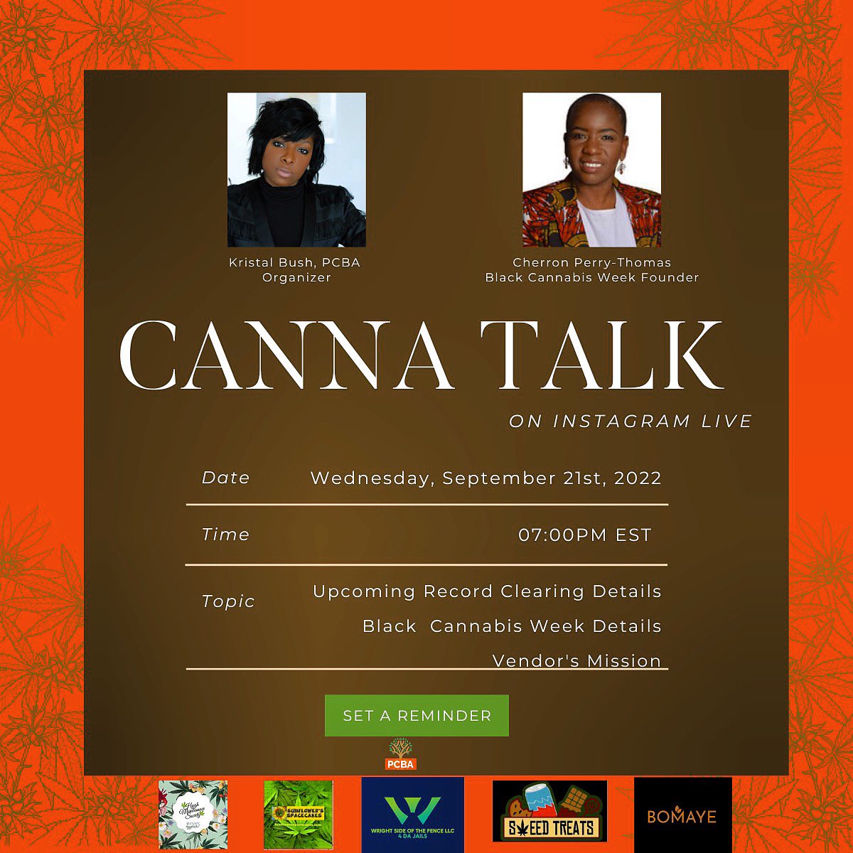 Tonight at 7 pm, connect with us LIVE as we discuss: Black Cannabis Week w/ <a href="/BCWeek2020/">blackcannabisweek</a> &amp; Daco founder Cherron Perry Thomas, Our Third Record Clearing Clinic, &amp; Spotlight Our Vendors.