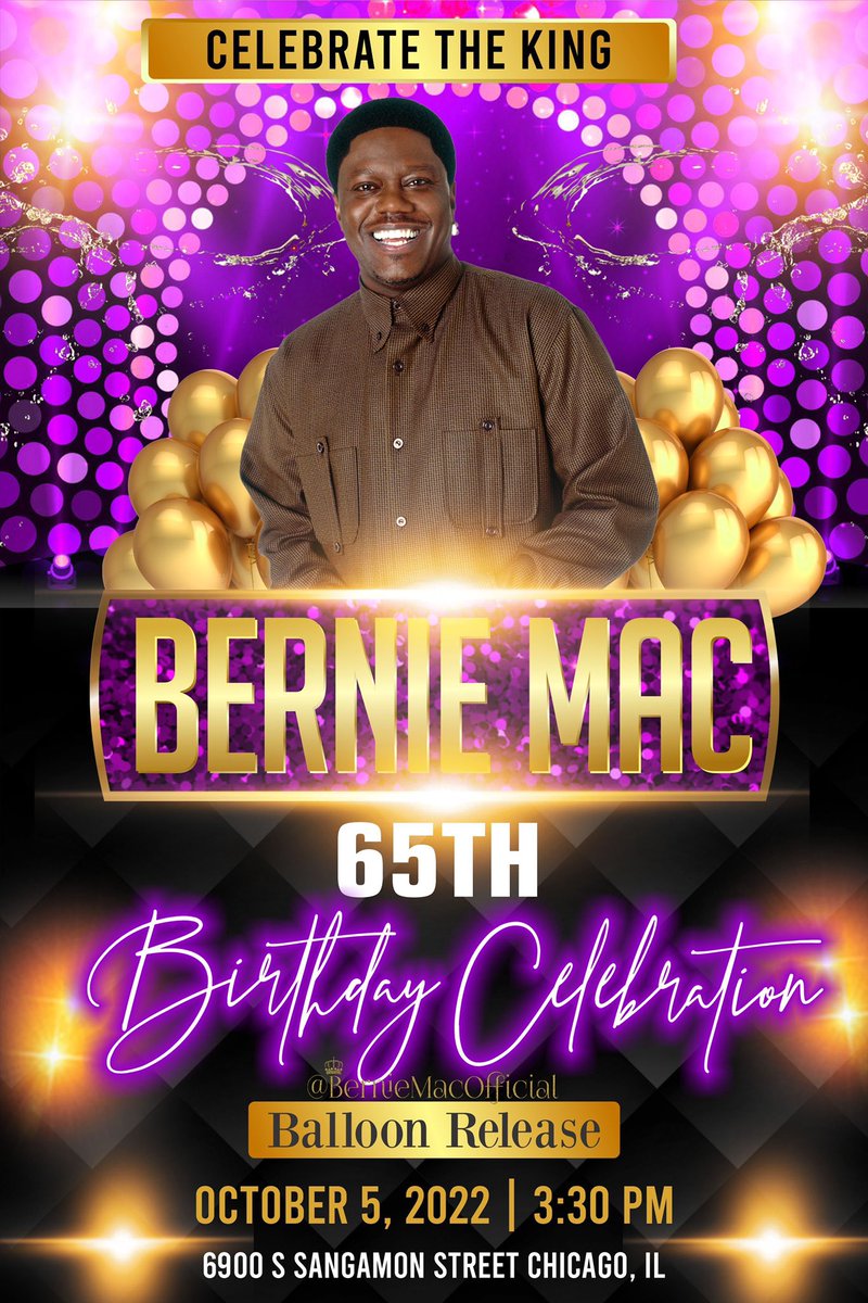 BernieMacOFCL's tweet photo. SAVE THE DATE
Celebrate The King -Bernie Mac- 65th Birthday Balloon Release
You are cordially invited to attend
October 5, 2022
3:30 pm to 4:30 pm
6900 S. Sangamon (Bernie’s Honorary Street)
Chicago, IL
Come out and meet Bernie’s daughter Je’Niece and granddaughter Jasmine. https://t.co/pw9uYzXUDw