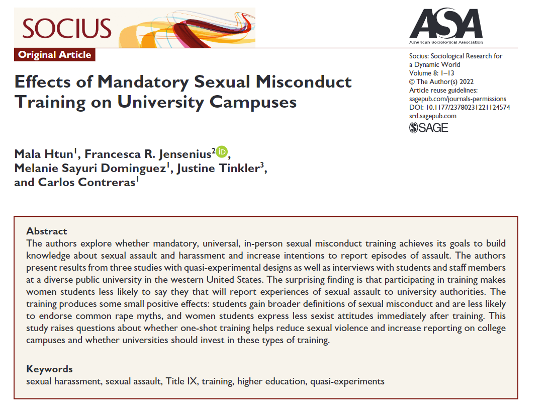 SociusJournal's tweet photo. NEW #openaccess article out now! - "Effects of Mandatory Sexual Misconduct Training on University Campuses" by @malahtun, @fr_jensenius, @sd_melanie, @JustineTinkler, and @CarlosdeMX

https://t.co/Uq52lIaO05

#opensociology #soctwitter https://t.co/OSu5qqSDQw
