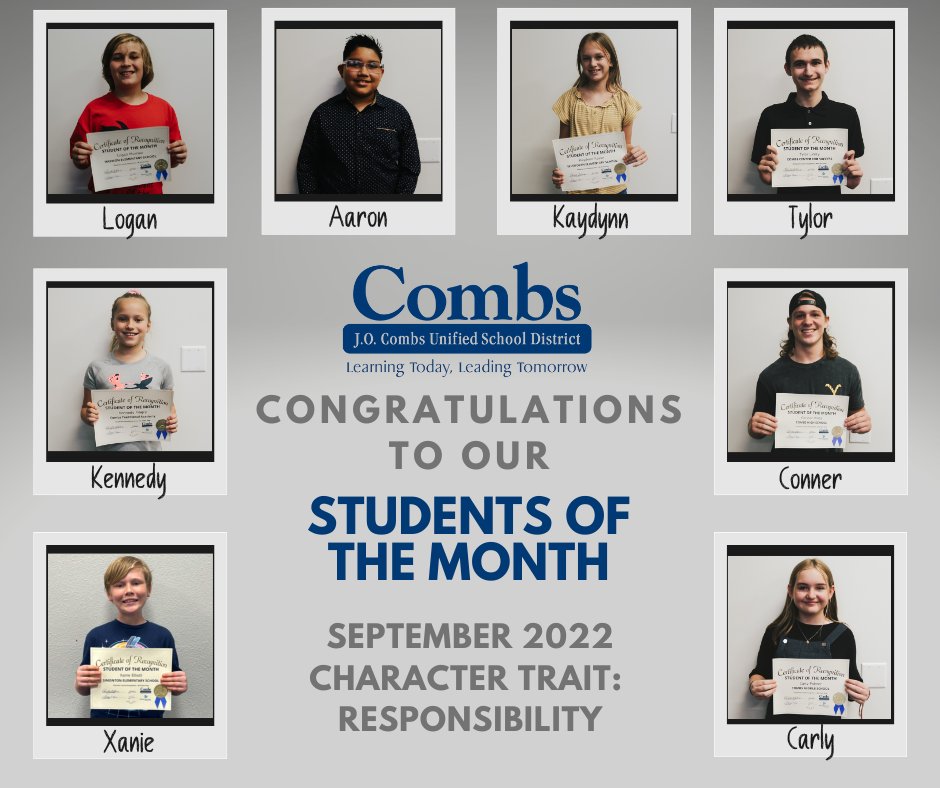 JOCombsUSD's tweet photo. As school has been getting back in full swing, our Character Counts program has been too. Congratulations to these 8 students that were nominated and selected for showing a strong character trait of responsibility! #CombsCommunity #responsibility 🎉 https://t.co/33FNGu605a