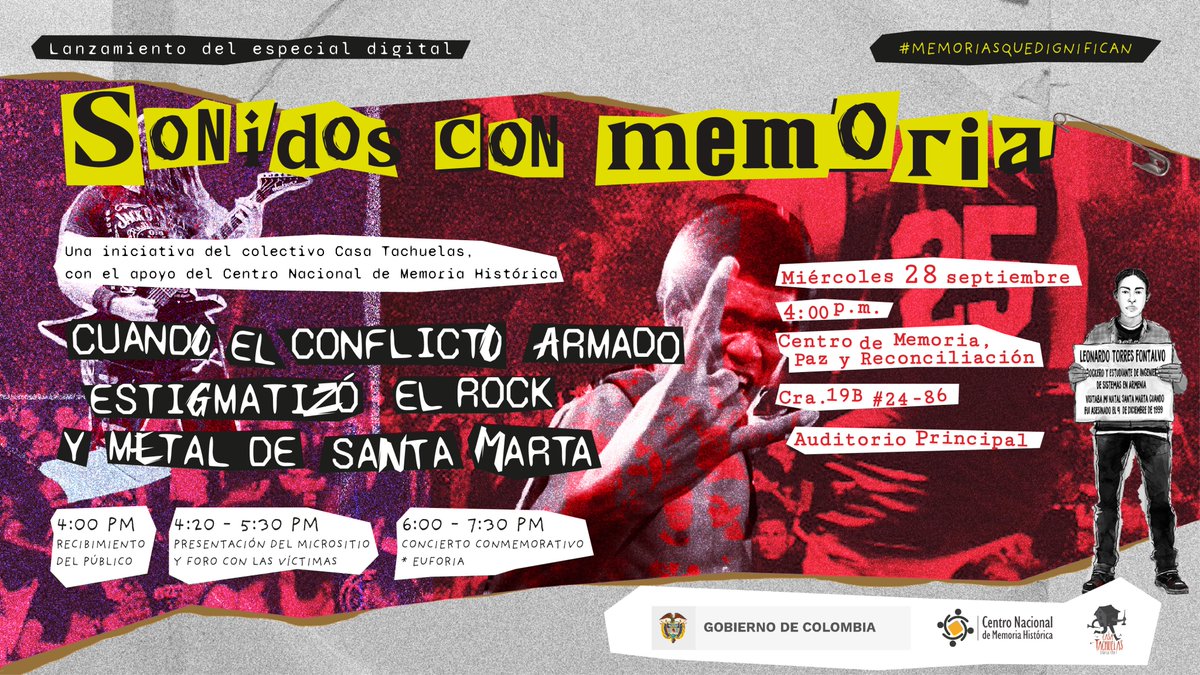 CentroMemoriaH's tweet photo. El colectivo @CasaTachuelas, de Santa Marta, llega a Bogotá al lanzamiento de «Sonidos con memoria», un encuentro del pasado y el presente del rock, que incluirá un conversatorio sobre las victimizaciones que sufrieron rockeros y metaleros. De cierre, un concierto. ¡Imperdible! https://t.co/CmZMnfleGh