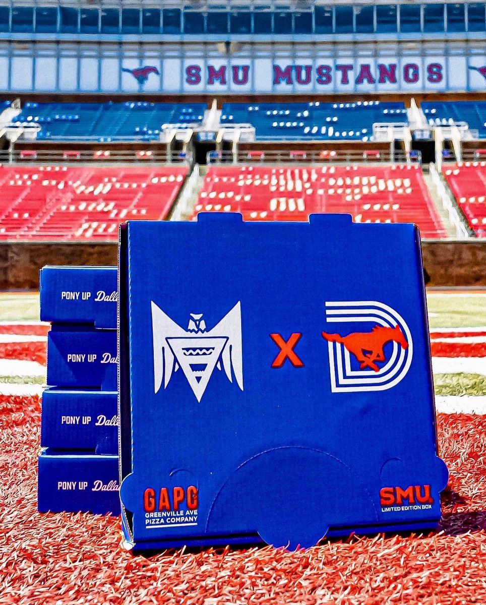 SMUFB's tweet photo. SMUFB x GAPCo coming to Ford Stadium 🔥 

Secure your limited edition SMU-themed pizza boxes this Saturday &amp; every home game for the 2022 season. https://t.co/YXNmJx8VYC