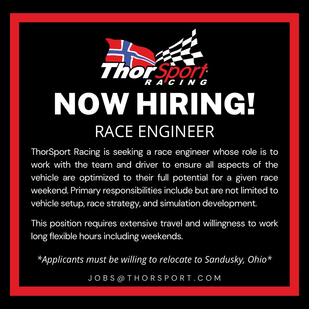 NOW HIRING! 🗣️ We are seeking a race engineer whose role is to work with the team and driver to ensure all aspects of the vehicle are optimized to their full potential for a given race weekend. *Applicants must be willing to relocate to Sandusky, Ohio* 📧 JOBS@THORSPORT.COM
