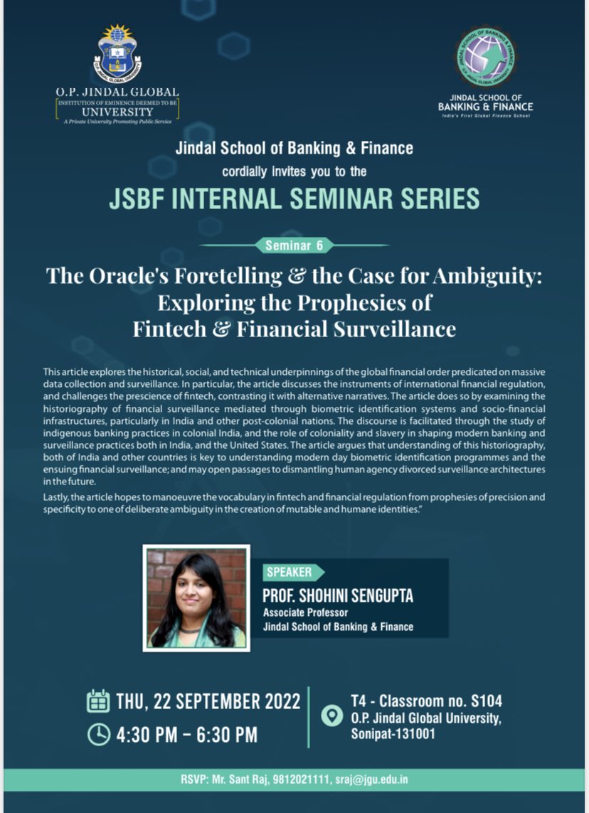 jsbfjgu's tweet photo. Join us for the #JSBF research seminar with Prof. Shohini Sengupta presenting her work that challenges our perspectives on #fintech &amp; financial regulation. The seminar is scheduled for today, Thursday 22nd of Sep from 4.30 pm to 6.00 pm at T4 classroom S104, @JindalGlobalUNI https://t.co/Rh4gTpn2qw