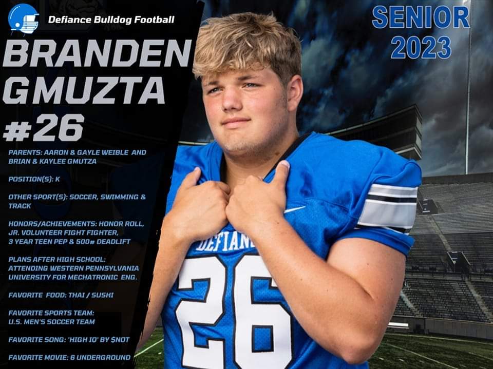 DefiFBParents's tweet photo. WEEK 6 - SENIOR SPOTLIGHT WEDNESDAY ✨🏈🐾💙💪🏼 #Senior #BrandenGmutza26 #GoBulldogs #BeatElida https://t.co/d2t3DdlcR8