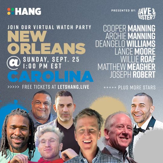 Come join me for the New Orleans Saints @ Carolina Panthers - HANG with Cooper & Archie Manning, DeAngelo Williams, Lance Moore and more! Sun Sep 25, 2022 1:00 PM - 3:00 PM EDT Online, letshang.live