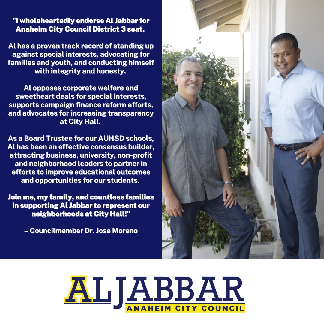 JoinAlJabbar's tweet photo. I'm grateful for Councilmember Dr. Moreno's support. I look forward to continuing his work advocating for and delivering the resources Anaheim families need, fighting corruption at City Hall, and ensuring all our residents have healthy and safe neighborhoods to thrive in. https://t.co/Yi6HA4SoRL