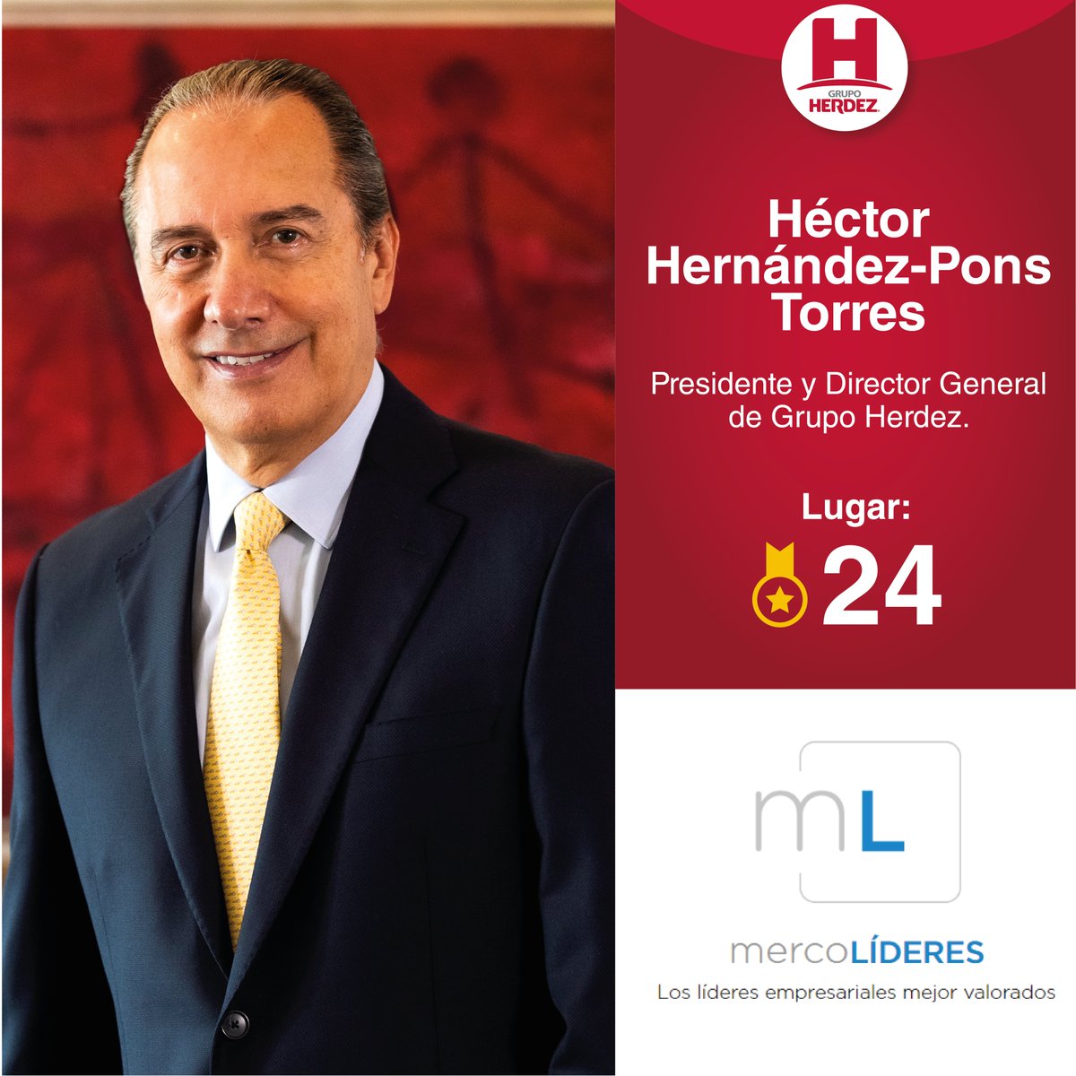 GrupoHerdezMX's tweet photo. Por su visión empresarial y resultados al frente de #GrupoHerdez, nuestro Presidente del Consejo y Director General, @HHernandezPons es distinguido como uno de “Los 100 líderes empresariales mejor valorados” de MERCO, uno de los monitores de reputación corporativa más relevantes. https://t.co/Jw6QH2xiNU