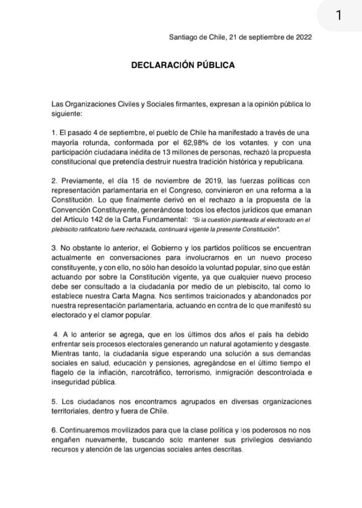 Francis25830521's tweet photo. Acá les dejo la declaración pública de las organizaciones sociales  civiles del Rechazo que nos oponemos a la cocina de Chilevamos.

Les pido que nos ayuden a difundir, y se mantengan alertas a las manifestaciones y acciones a que llamaremos.

#ChileNoCaerá 
#sueltenLaGuarifaifa https://t.co/G3E8A2zdg2