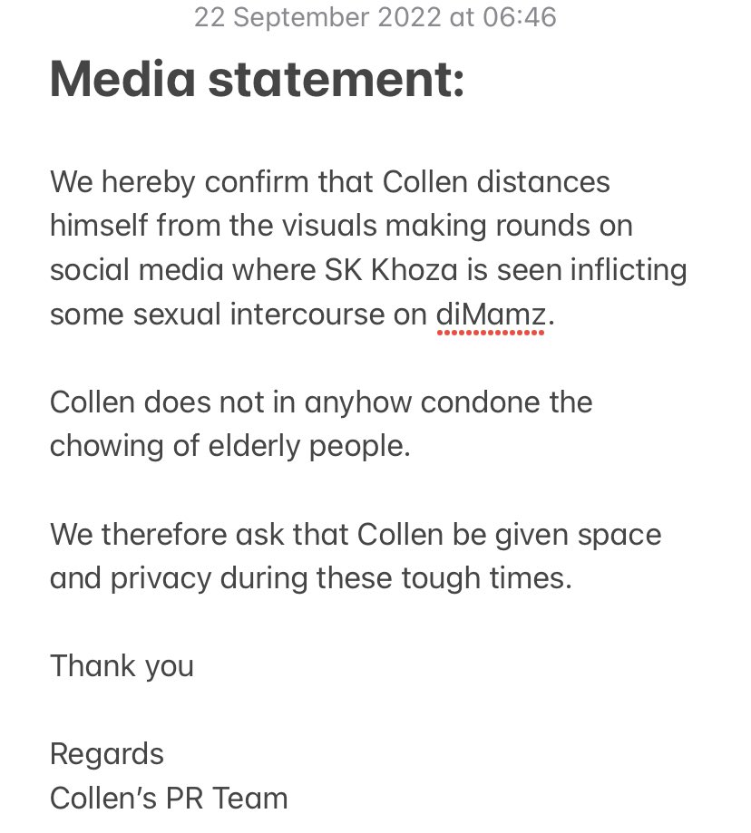 Attention: Media statement regarding the video posted by SK Khoza on Instagram.