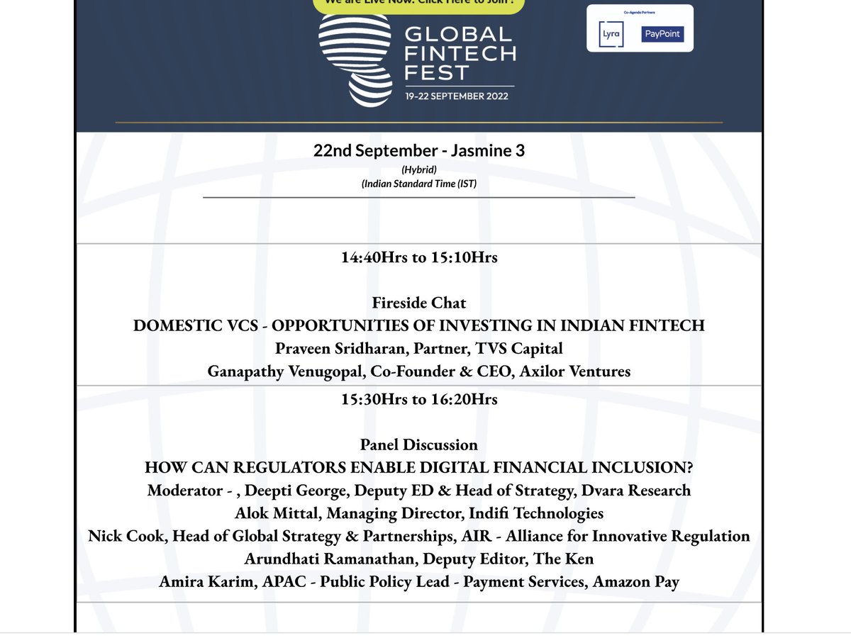 Also if you are around today at the GFF, pop in to this session where me and some wonderful folks--<a href="/alokmittal001/">Alok Mittal</a>, <a href="/Deeptigeorge/">Deeptigeorge</a>, Amira and Nick-- are going to be talking about 'How regulators can enable financial inclusion' #GFF2022