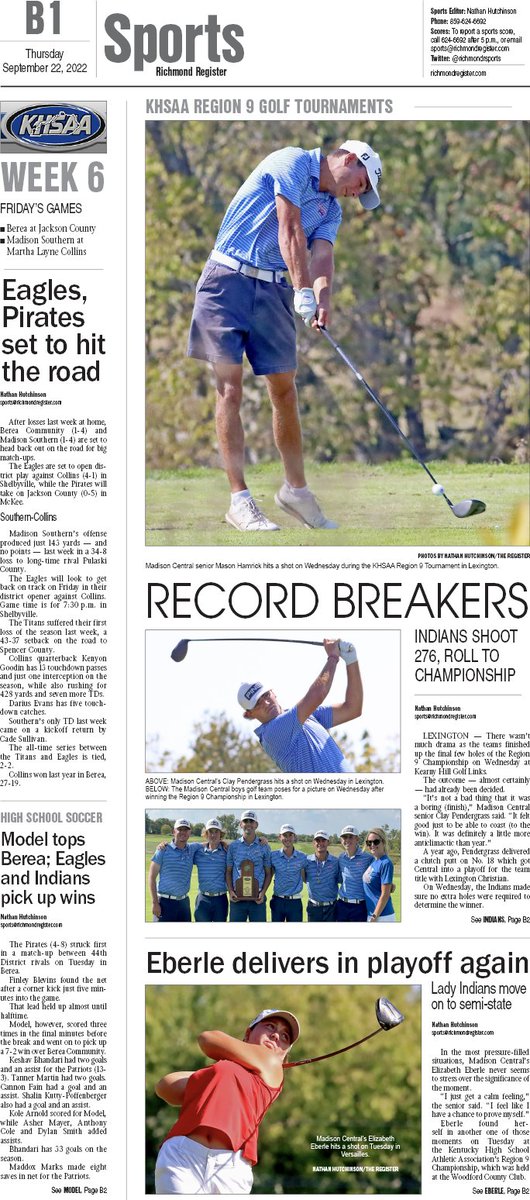 The Richmond Register's Thursday, Sept. 22, 2022 Sports Page
<a href="/AthleticsMCHS/">Madison Central High School Athletics</a> <a href="/KCongo24/">Kyle Congleton</a> <a href="/MchsGirls/">Madison Central Girls Golf</a> <a href="/ModelBoysSoccer/">Model Boys Soccer</a> <a href="/bereacommunity/">BereaPirates</a> <a href="/berea_football/">Berea Pirates High School Football</a> <a href="/mshsfb_eagles/">MSHS Football</a>