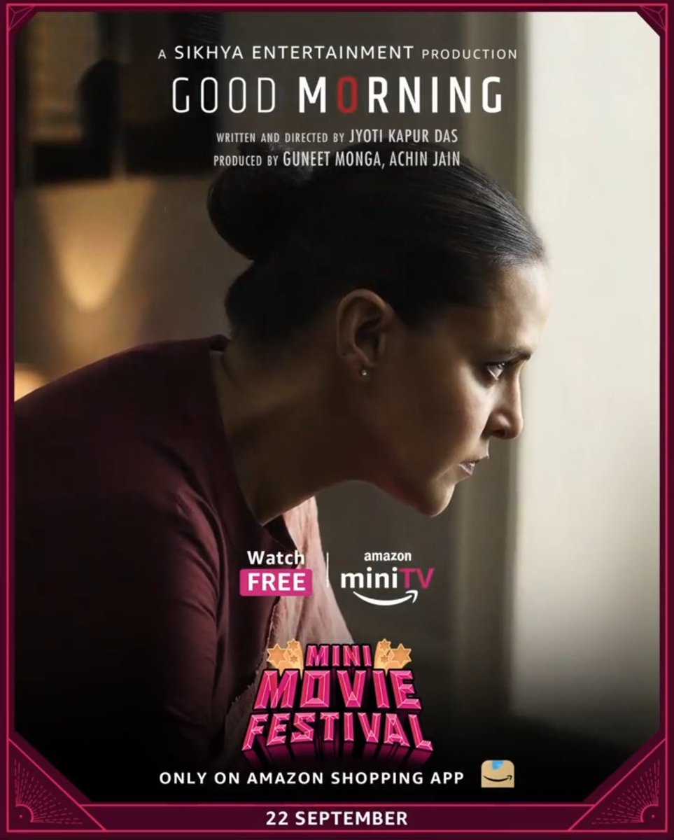 Short film #GoodMorning (2022) by @jkd18, ft. @NehaDhupia #ChahatTewani @soniiannup @khanasirr & @neelukohliactor, now streaming on @amazonminiTV.

@guneetm @aachinjain @sikhyaent @RaunaqBajaj @Manbach12