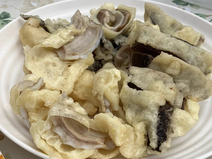 広島『ふくもと食堂』にて、でんがくうどんとホルモンの天麩羅!でんがくはモツの出汁たっぷりで、天ぷらもすごく独特な味。モツをゆでて干したせんじがらも美味しい。これは他所では食べれないお味 