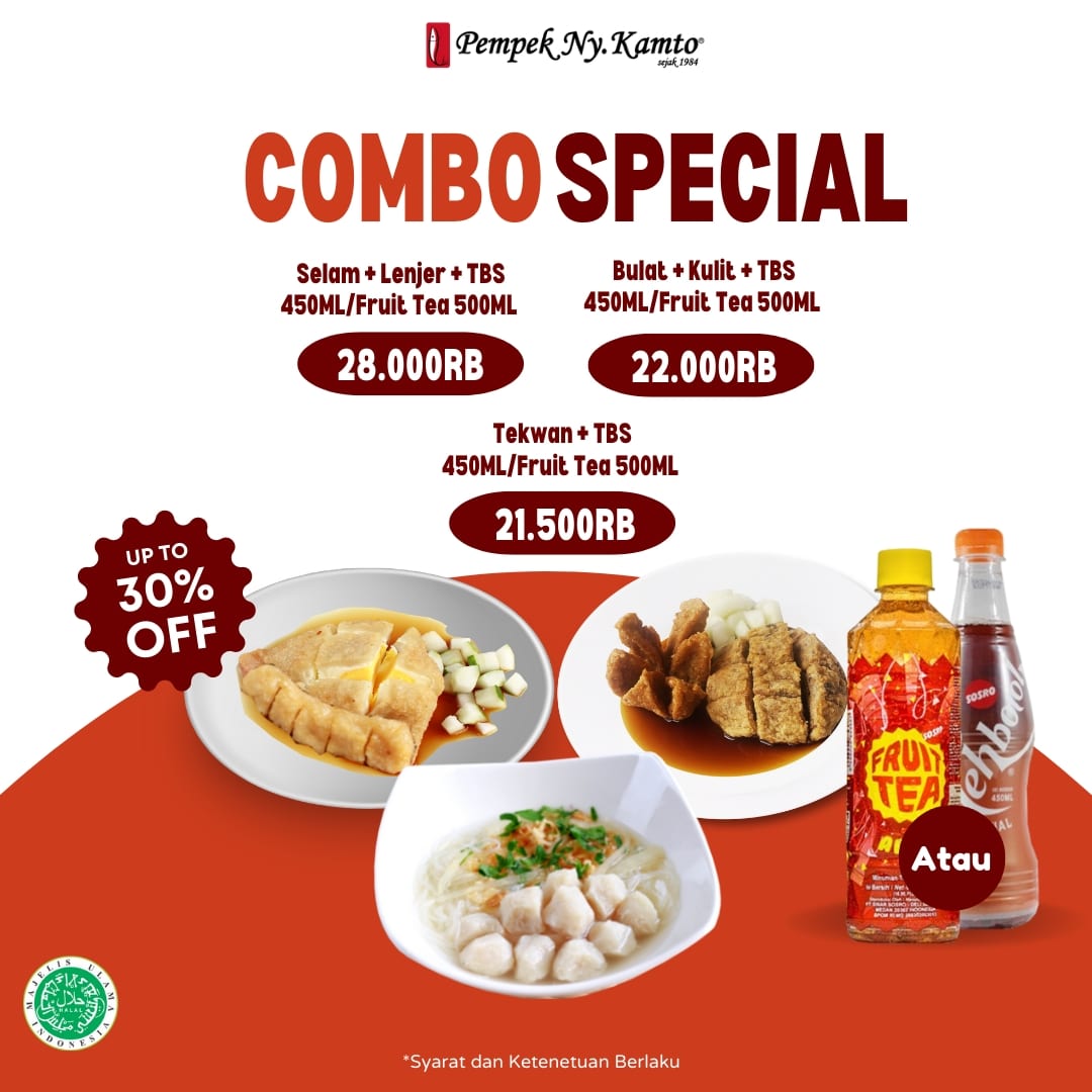 PEMPEK  NY. KAMTO. Promo COMBO SPECIAL buat kamu yang demen banget makan pempek!

S&amp;K:
✅ Berlaku 12-25 September 2022
✅ Dine in/take away
✅ Tidak berlaku di Go-Food, Grab-Food, ShopeeFood &amp; TravelokaEats
✅ Tidak dapat digabung promo lain
✅ Selama persediaan masih ada.