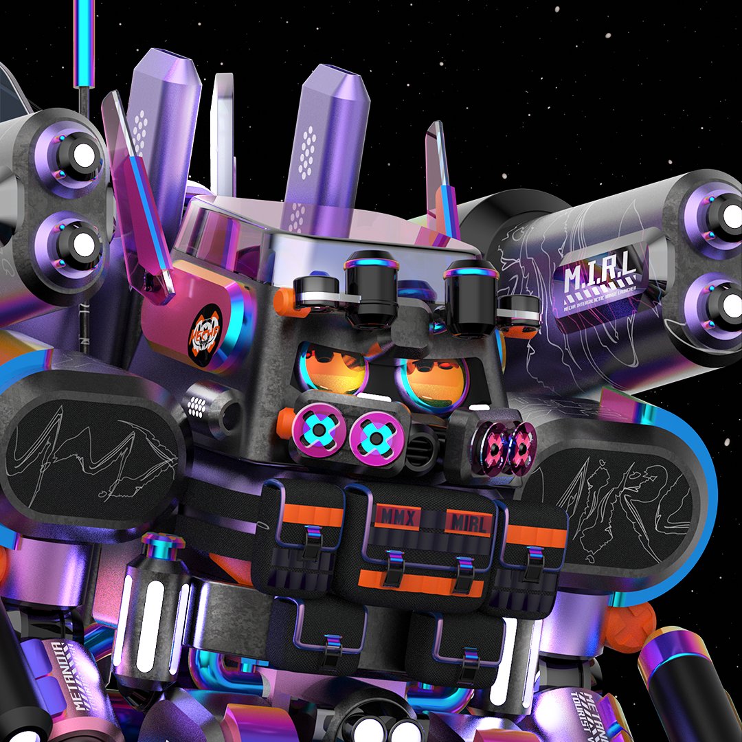 adesignmachine's tweet photo. 3/ ]A first of its kind, the purple emperor featured multiple new weaponry designs. The special custom Mecha Intergalactic Range Launcher (M.I.R.L) is the biggest dual blaster yet, defending the emperor in Metanoia.

A unique [1of1] PFP was made as the representing #FASHTAG shot. https://t.co/nuKrUUSuNM