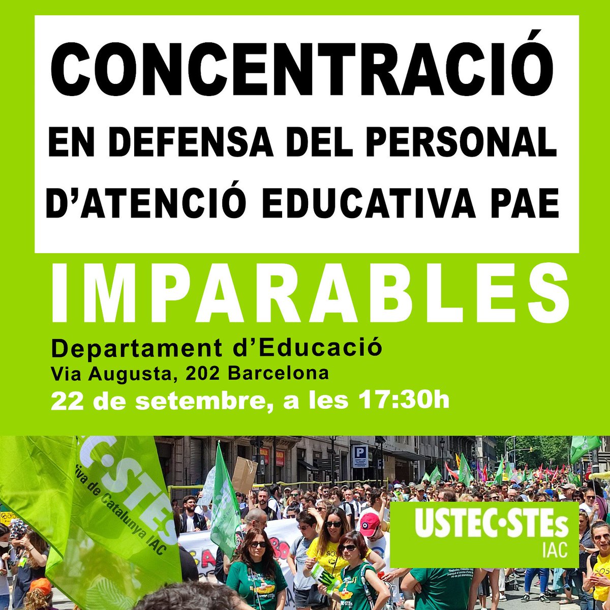 📢 Avui, dijous 22, nova concentració en defensa del personal d'atenció educativa #PAE

⌚17:30h davant la seu del Departament d'<a href="/educaciocat/">Educació</a> (Via Augusta, 202 BCN)

Som #Imparables‼️