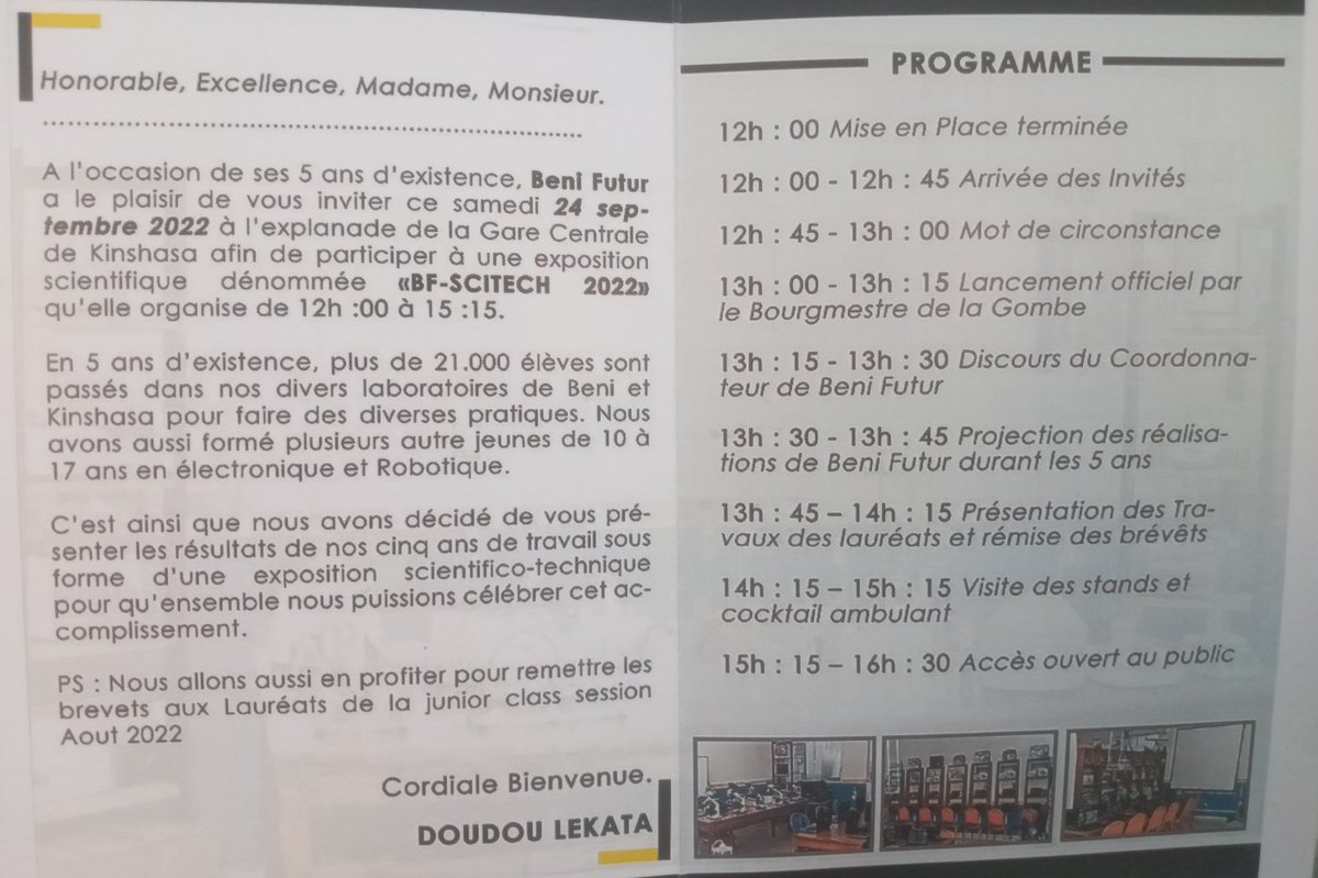 🚨 L'ASBL #BeniFutur vous convie à l'Expo scientique sur l'#informatique et la #robotique (#BF_SCITECH) qu'elle organise ce samedi 24 septembre, à l'esplanade Gare Centrale, de 12h - 16h à #Kinshasa. Un évent public (ouvert à tous). <a href="/AIMS_Next/">African Institute for Mathematical Sciences (AIMS)</a> <a href="/lemonde_science/">Le Monde Sciences</a> <a href="/Sciences_Avenir/">Sciences et Avenir</a>