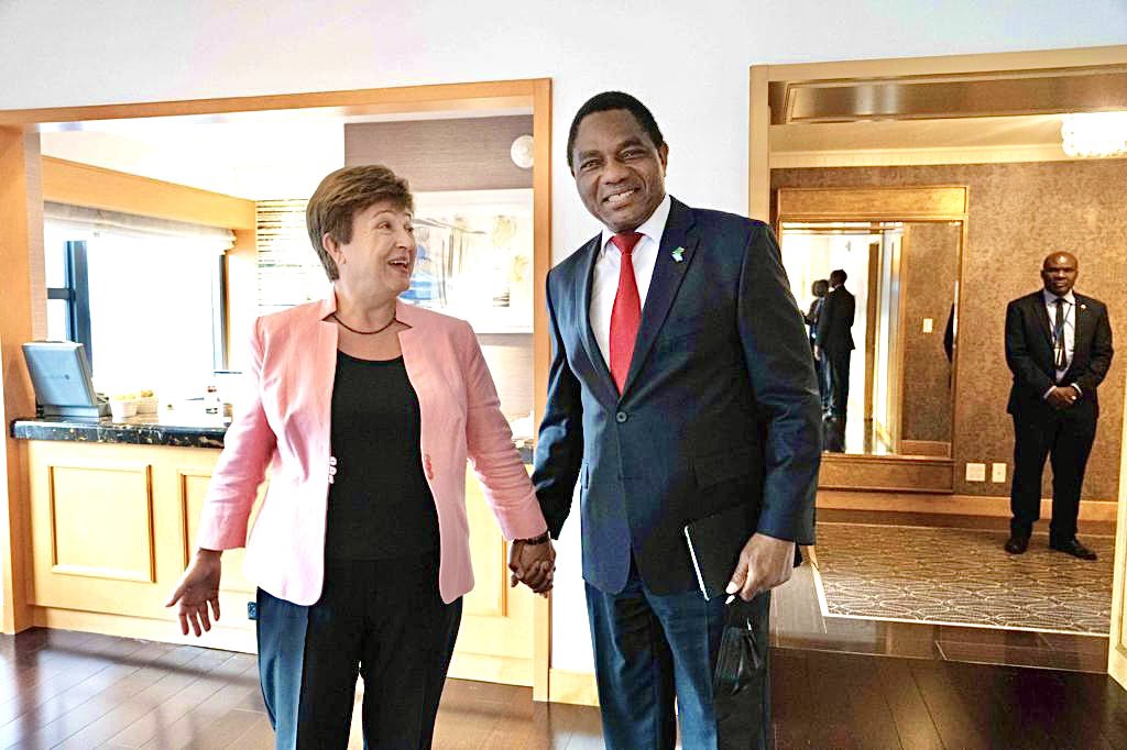 HHichilema's tweet photo. It was great to have our 1st in-person meeting with International Monetary Fund MD, @KGeorgieva, after approval of #Zambia’s IMF-supported program.
What remains now is to consummate this program &amp; truly pave the way for Zambia’s economic transformation. #SeedsOfProsperity https://t.co/J944vAk5Js