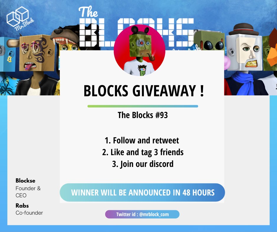 10Mx40's tweet photo. Blocks #93 NFT Giveaway!
Follow @mrblock.com
Like, retweet & tag 3 friends for your chance to win The Blocks NFT
Public sale is live https://t.co/z8X2hB4t7J
Winner will be announced in 48 hours.
Help support community driven blockchain. education #theblocks #NFTGiveaway https://t.co/sddy9cuIJM