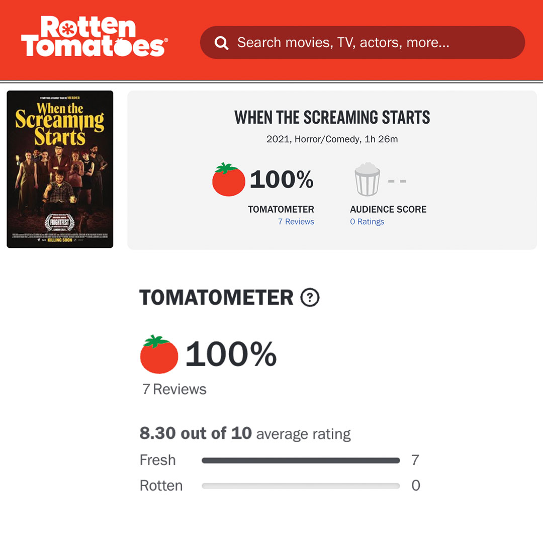 100% on <a href="/RottenTomatoes/">Rotten Tomatoes 🍅</a>! <a href="/WhenScreaming/">When the Screaming Starts</a> kicks off the first day on <a href="/ScreamboxTV/">SCREAMBOX</a> with a whopping 100% RT Score! #whenthescreamingstarts #mockumentary #HorrorMovies #horrorfilms #horrorcomedy #comedy #horror #Film #movies #ukfilm #independentfilm  #screambox #rottentomatoes #fresh