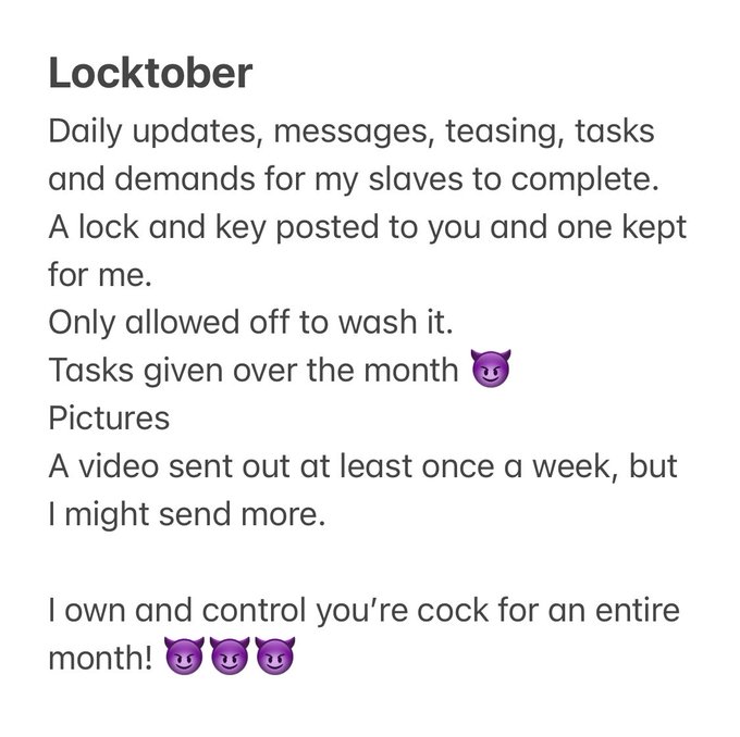 #locktober #chastity #keyholder get in contact for prices and to join up! Come and play my little slaves<a href="/tag/locktober"class="tags">#locktober</a><a href="/tag/chastity"class="tags">#chastity</a><a href="/tag/keyholder"class="tags">#keyholder</a>
