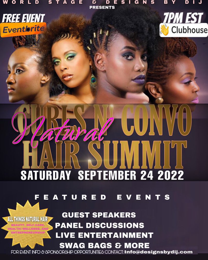 #NaturalHairEvent: Join us SATURDAY 9/24 7pm EST on Clubhouse for Curls N Convo Natural Hair Summit!

Click here to RSVP and turn the bell on: clubhouse.com/event/Pr4yQYkl

#CurlsNConvo #NaturalHairSummit #VirtualEvent #BlackOwnedBusiness #naturalhair