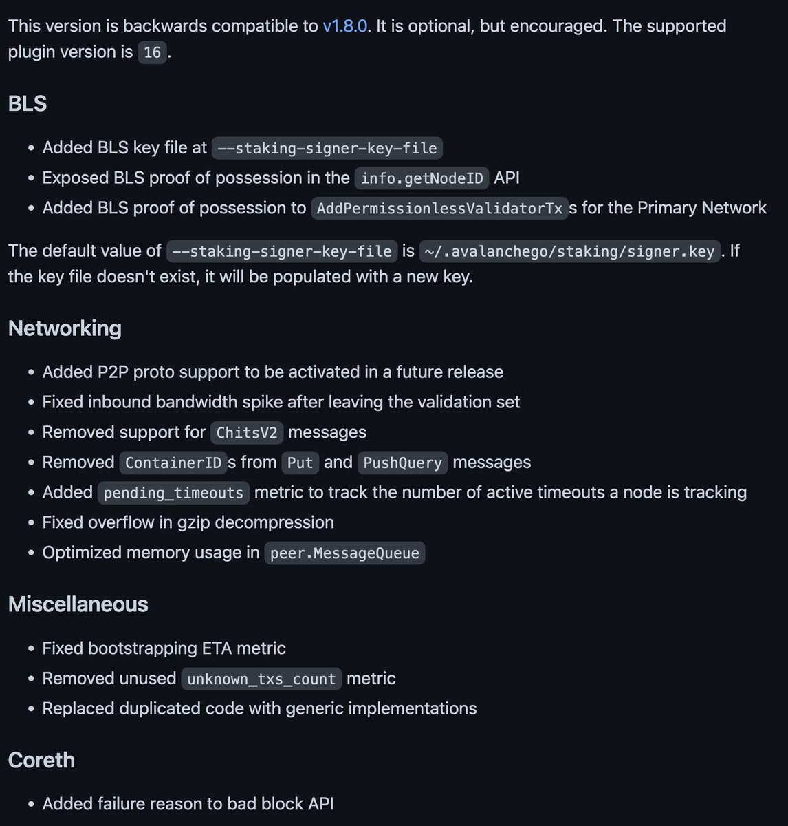 _patrickogrady's tweet photo. ❄️ 🏂 AvalancheGo@v1.8.6 is out: https://t.co/bfSeYFXEZH ☃️ 🎿

**This version (v1.8.6) is backwards compatible to v1.8.0. It is optional but recommended.**

🔍 Release Focus: Final Prep for AvalancheGo@v1.9.x + P2P Networking Optimizations https://t.co/kIyM23TbNB