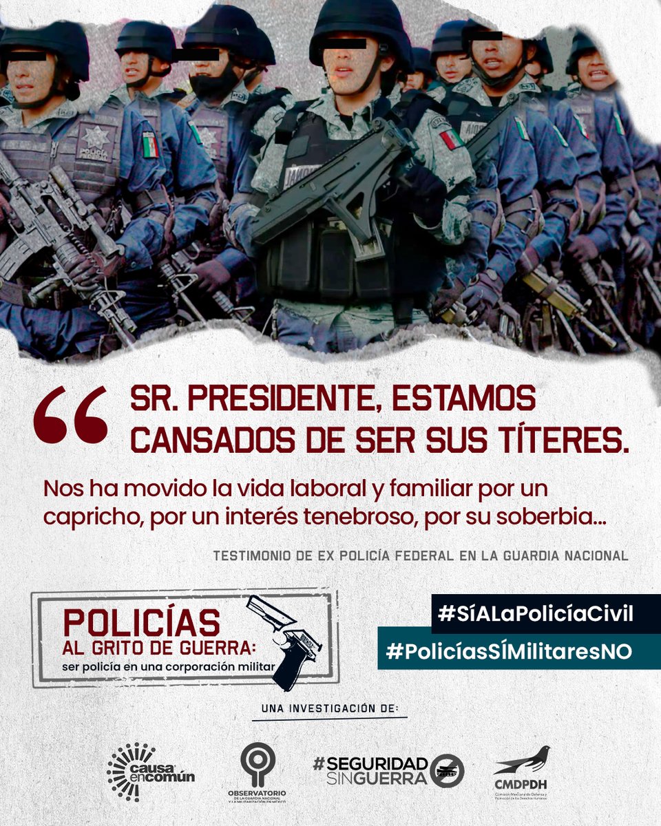 causaencomun's tweet photo. Los ex policías federales👮 son las víctimas de la #militarización de las que nadie habla.  Desde la creación de la #GN solo han sido discriminados y humillados por los militares y el gobierno federal. ❌
 
👮‍♂️📢#SíALaPolicíaCivil #PolicíasSíMilitaresNo https://t.co/Gz6loBTeiY https://t.co/UMTsr22MYf