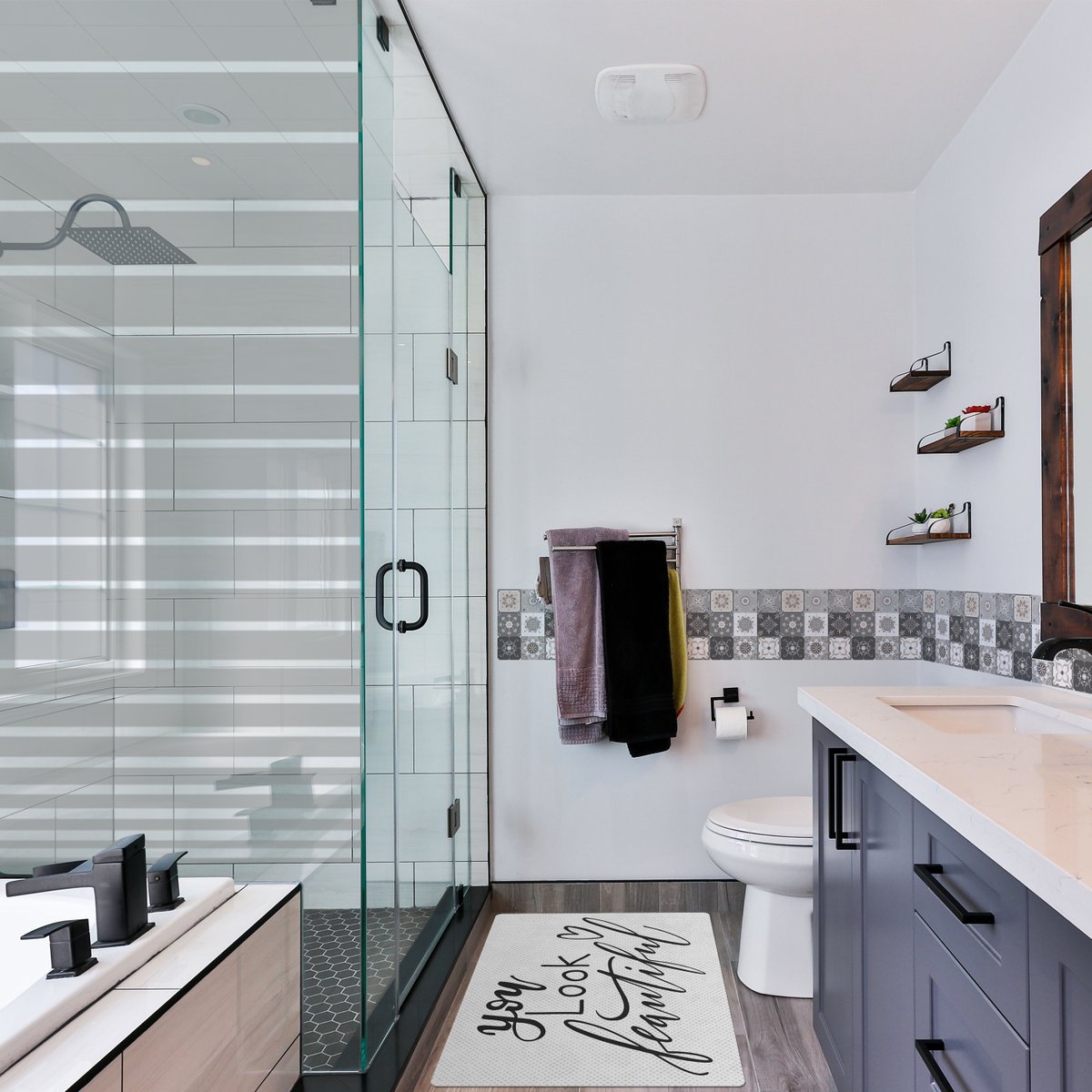 Simplicity is the key of elegance, you don’t need a lot of money to renovate your bathroom. 
We have these products for you, check them out! 🛁🤍 

Sticker: bit.ly/3AMO1gM  
Sticker: bit.ly/3RvGQ3d 
Rug: bit.ly/3THh2mL