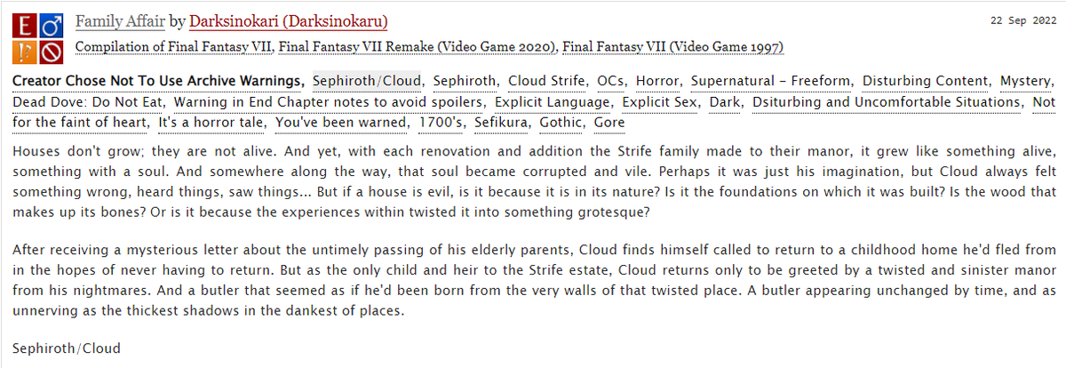 darksinokkari's tweet photo. Hey! Writing something! And just in time for the season! Hopefully I can start getting to some updates on other stuff real soon. #sefikura #horror #sephcloud #finalfantasyviifanfic #ffviifanfic 
https://t.co/WfM0PGaU4r https://t.co/NBSnQ2axNU