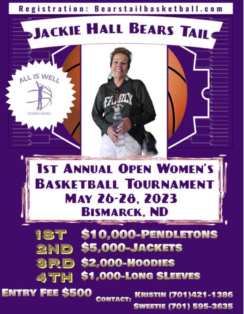 Bearstailball's tweet photo. 💚Our family is putting on a open women’s memorial basketball tournament for our beautiful mother in Bismarck, ND on May 26-28, 2023. 

🏀1st Annual Jackie Hall Bears Tail Open Women’s Basketball Tournament 

✅Registration: https://t.co/9saYsudlAt https://t.co/ZrKk75MTeI