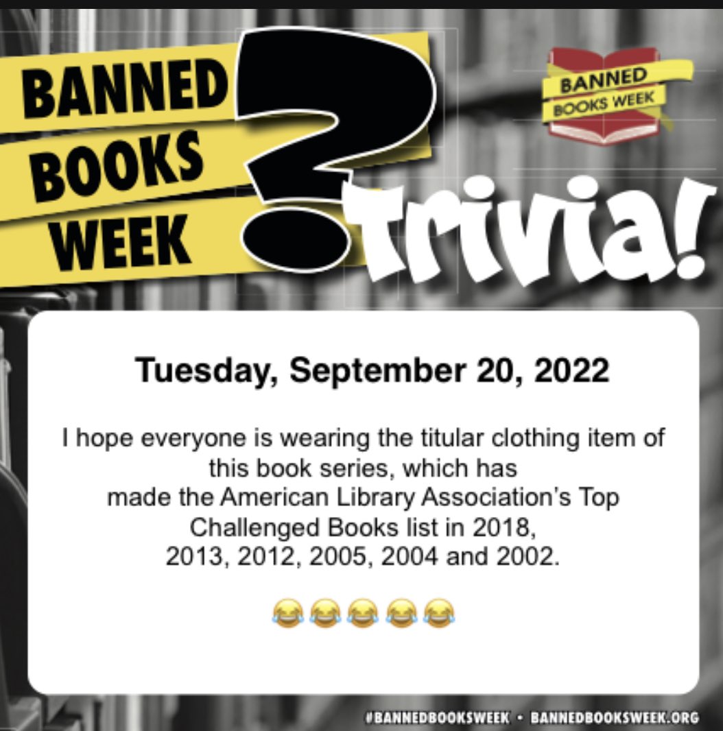 Congratulations to Mr. Arana for answering our second #BannedBooksWeek Trivia question. If ya’ll didn’t know, Capt. Underpants has been on the list many times, but he always comes out of it stronger! <a href="/reynahustles/">Dr. Angela Reyna</a> <a href="/catherinedoc12/">Catherine Kennedy</a> <a href="/YISDLibServices/">YISD Library Services</a> <a href="/JMacias_CI/">Jessica Macias</a> <a href="/karroyos_MS/">Karina Arroyos</a>