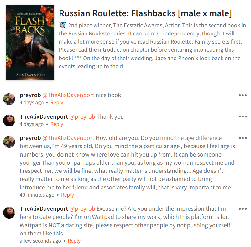 Seriously, don't be this guy!

This type of behavior creeps me out big time. On my own wall, where I promoted a book of mine, this weirdo just hijacked it with his unwanted dating ideas.