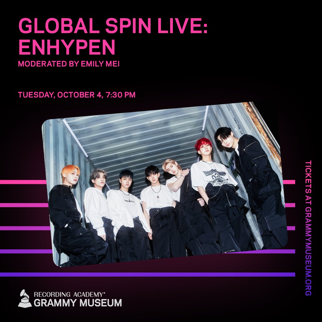 Finding out that <a href="/ENHYPEN/">ENHYPEN OFFICIAL</a> is coming to the #GRAMMYMuseum for a special conversation and live #GlobalSpin performance is giving us a FEVER. 🥵

#ENGENE's, you ready? 🔥 Tickets go on sale tomorrow, Sept. 22 at 10:30 AM PDT: grm.my/3xHkapd