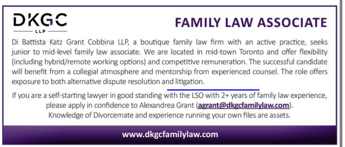 Job Alert 🚨 Family Law Associate 2+ years experience. #lawtwitter <a href="/LawJobsCAN/">Law Jobs in Canada</a>