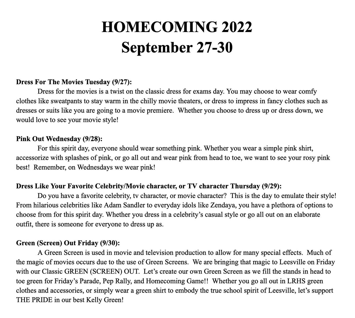 Homecoming 2022 Spirit Days: 9/27-9/30! <a href="/LRHSnews/">The Mycenaean</a> @leesvilleybk <a href="/LRHS_PTSA/">Leesville Road High School PTSA</a>