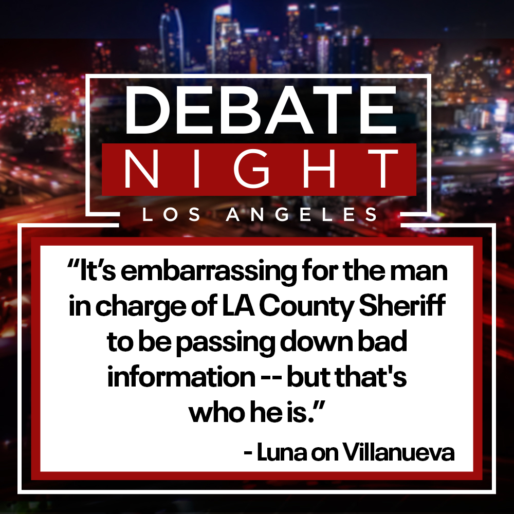 FOXLA's tweet image. Retired Long Beach police chief Robert Luna claims that several statements made by sheriff Villanueva are false. #FOX11Debate WATCH #LIVE: bit.ly/3qYoZXs