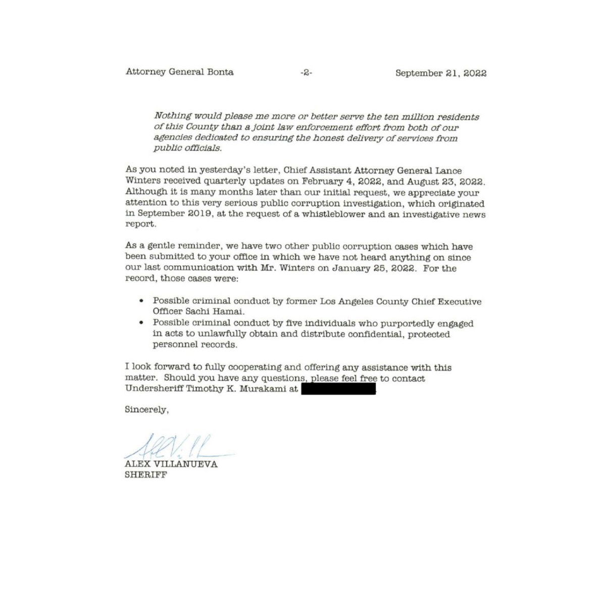 LACoSheriff_33's tweet photo. Thank you @AGRobBonta for your correspondence regarding the public corruption investigation involving the @metrolosangeles, @CountyofLA OIG, and @SheilaKuehl. I encourage anyone to read the letter, you can visit https://t.co/QHQuzIbhZL to read more. https://t.co/RE6A09M3Be